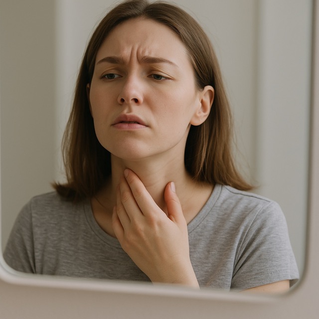 거울 앞에서 목젖 부근을 만지며 불편함을 느끼는 모습(출처: 자체제작)