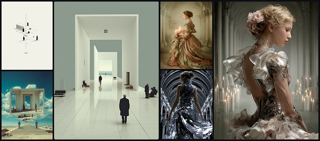 스타일 감성 실험, 초현실적인 오브젝트가 미니멀한 공간에 떠 있거나, 미래적인 금속재질과 따뜻한 감성 조화된 아트워크 이미지_Midjourney