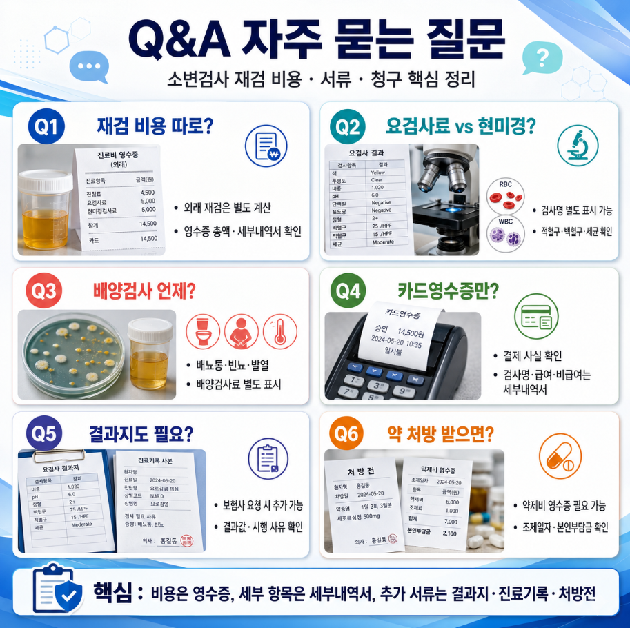 소변검사 재검 비용과 요검사료, 현미경검사료, 배양검사료, 카드영수증, 실손 청구 서류에 대한 자주 묻는 질문 인포그래픽