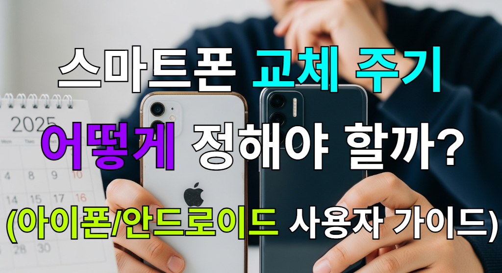 한 손에는 구형 아이폰, 다른 손에는 최신 안드로이드 폰을 들고 2025년 달력 앞에서 교체 시기를 고민하는 사람의 모습.