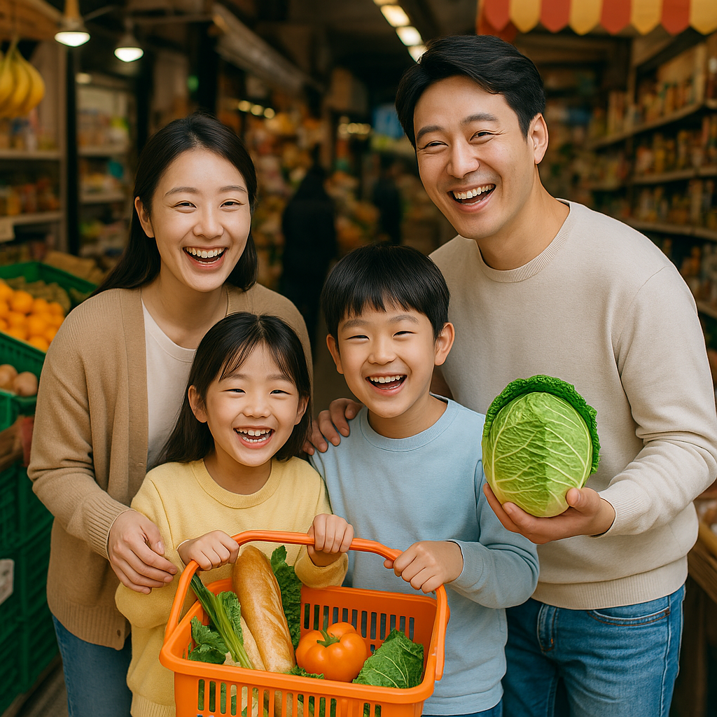 가족이 마트에서 즐겁게 장을 보는 모습