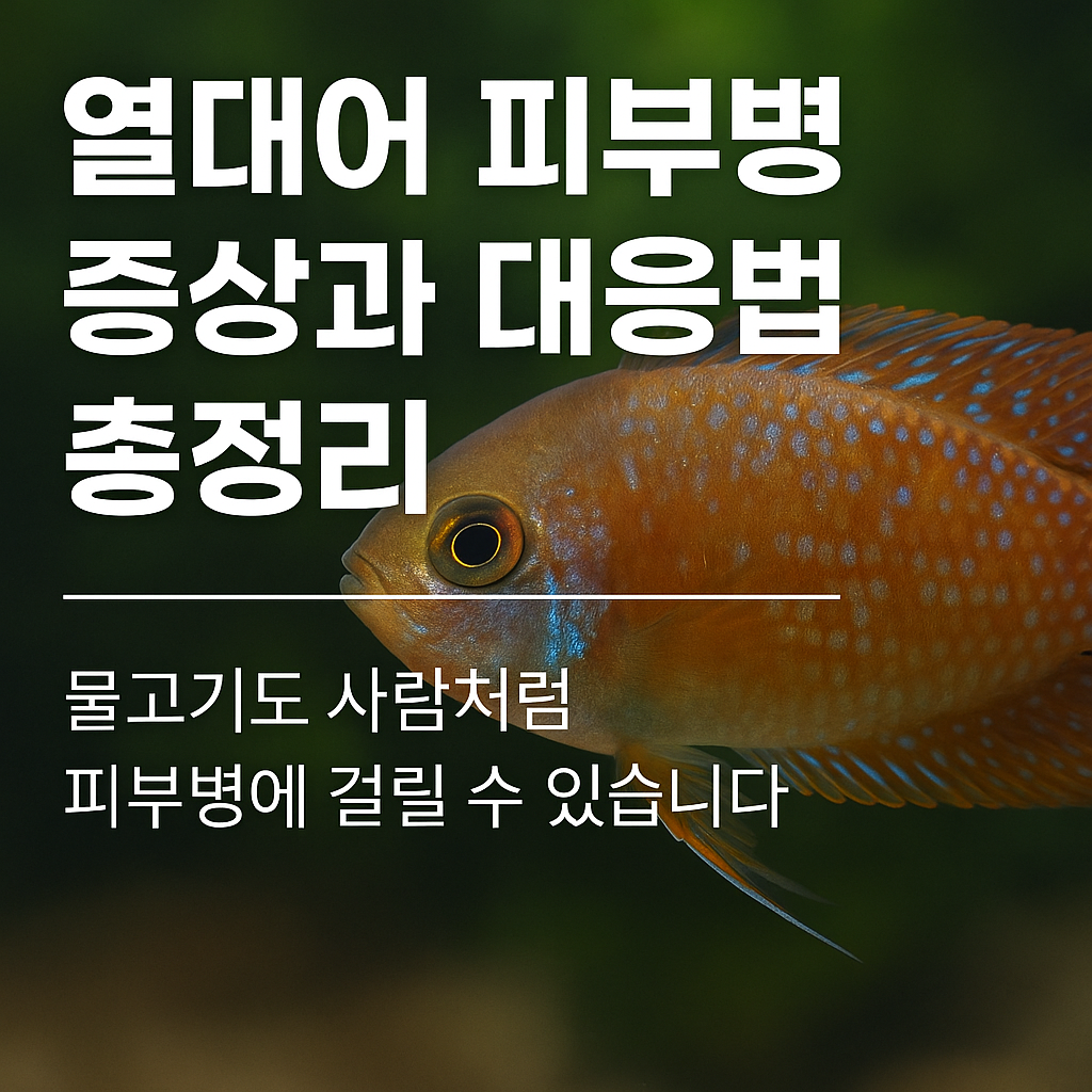 열대어 피부병 증상과 대응법을 주제로 한 이미지로, 붉은색과 파란 반점이 있는 열대어가 수조 안을 헤엄치고 있으며, 이미지 상단에는 '열대어 피부병 증상과 대응법 총정리'라는 굵은 한글 텍스트가 삽입되어 있습니다.
