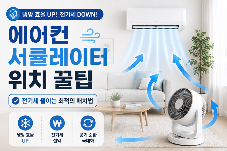 거실에서 벽걸이 에어컨과 서큘레이터를 함께 사용해 냉기를 순환시키는 모습. 에어컨 서큘레이터 위치 꿀팁과 전기세 절약을 위한 최적의 배치법을 설명하는 썸네일 이미지.