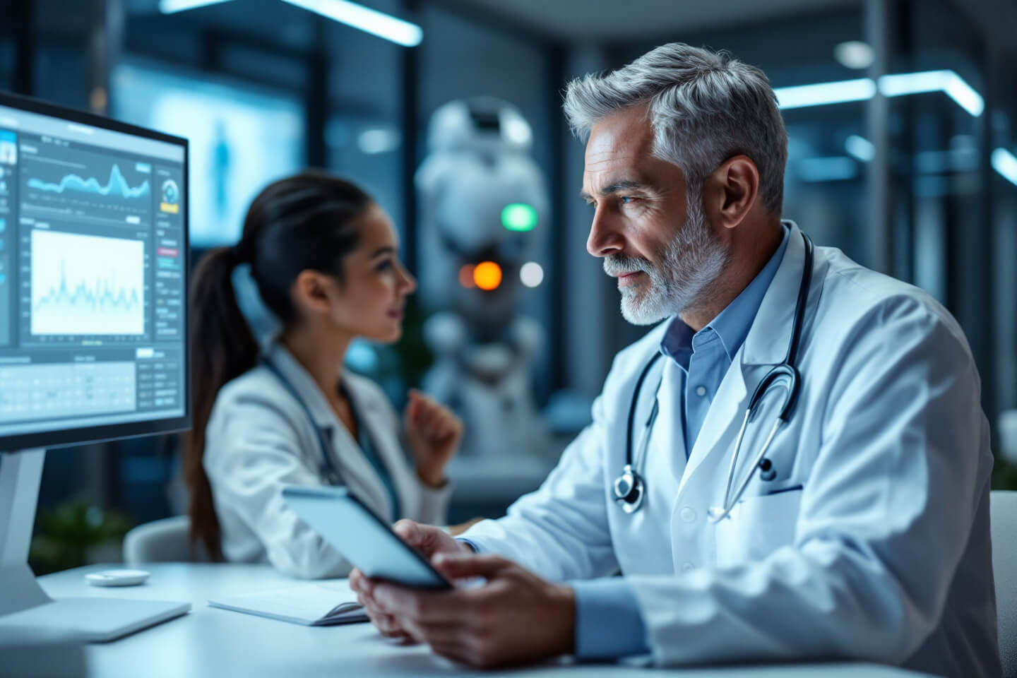 의료진이 디지털 헬스케어 기술과 원격 진료 솔루션을 활용하는 모습. 화면에 지역별 의료 데이터가 표시되어 있으며, 의료진은 이를 분석하며 환자를 지원