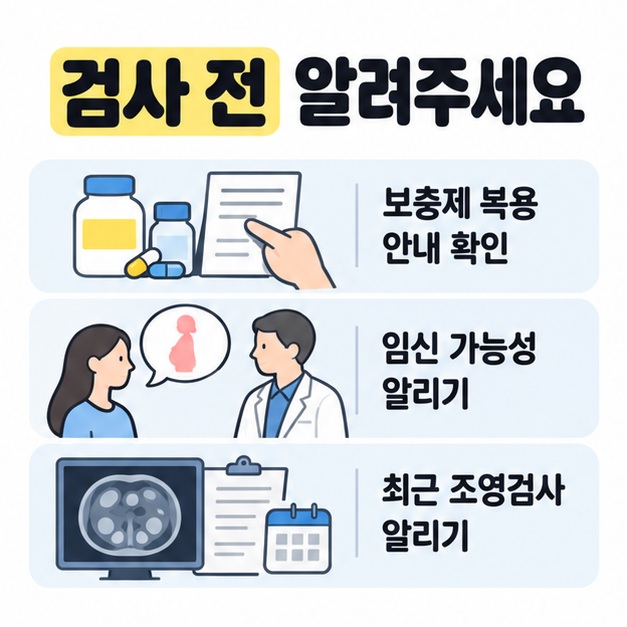 보충제 복용 안내 확인, 임신 가능성 알리기, 최근 조영검사 알리기를 각각 보충제와 문서, 의료진 상담, 영상검사 기록 그림으로 표현한 준비 안내