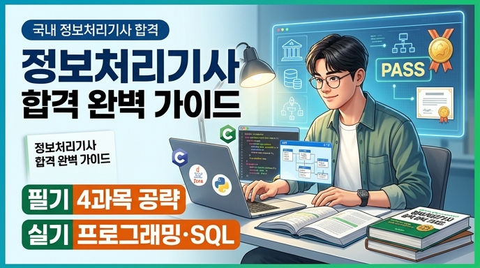 정보처리기사 합격 완벽 가이드를 위한 썸네일 이미지입니다. 노트북과 책으로 열심히 공부하는 한국 남학생을 보여주며, 프로그래밍과 SQL 로고가 함께 있어 필기와 실기를 모두 아우르는 것을 나타냅니다. 배경의 PASS 심볼과 gold medal이 성공적인 합격을 예고합니다.