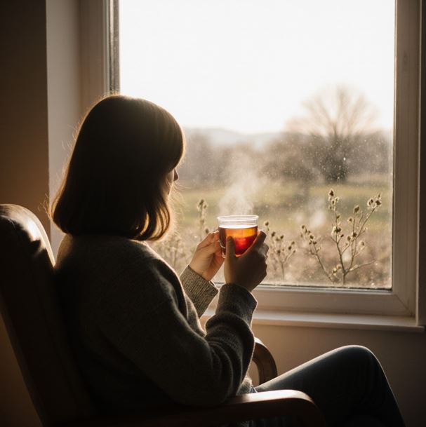 큰 창문 앞 의자에 앉아 따뜻한 차 한 잔을 들고 창밖의 풍경을 바라보는 사람의 실루엣. 창밖 멀리 보이는 풍경에는 새로운 계절의 시작을 알리는 부드러운 햇살이 보이는 장면