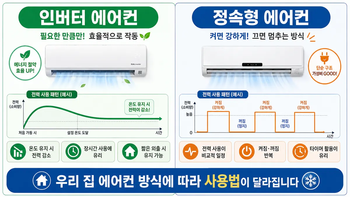 인버터 에어컨과 정속형 에어컨 전기 사용량 비교 그림