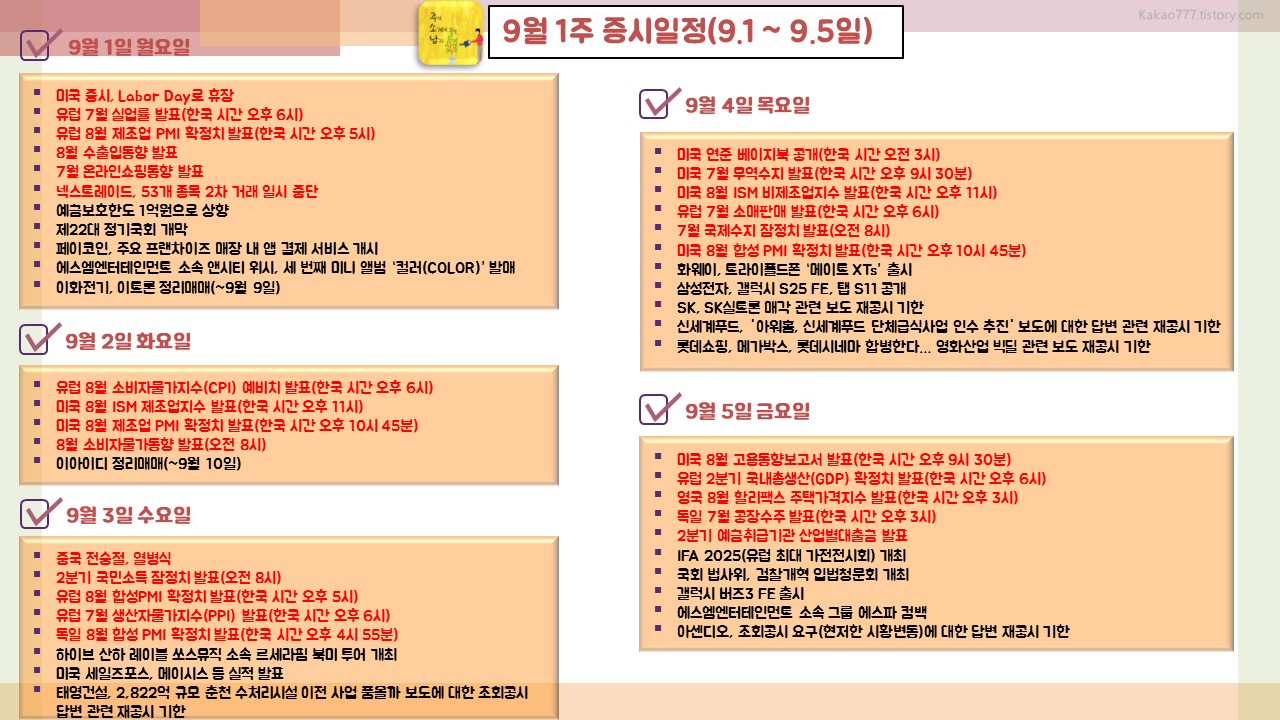 25년 9월 1주 증시일정