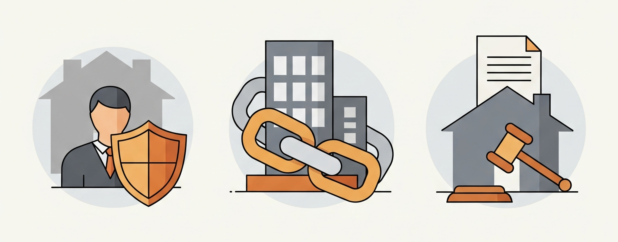 선순위 임차인, 유치권, 가처분이라는 부동산 경매의 3가지 위험 요소를 나타내는 경고 아이콘