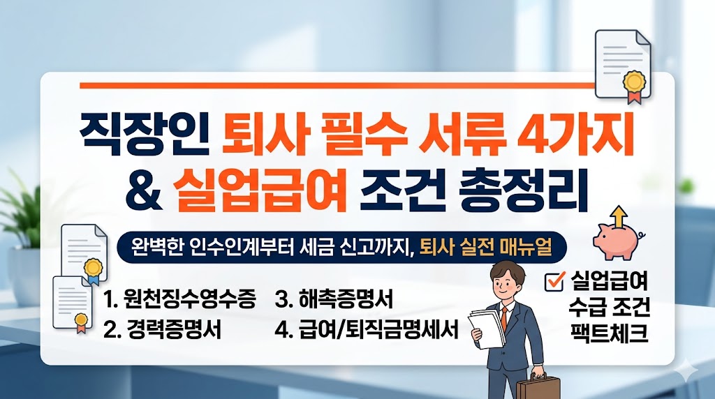 직장인 퇴사 필수 서류 4가지(원천징수영수증, 경력증명서, 해촉증명서, 퇴직금명세서) 및 실업급여 수급 조건 팩트체크 안내 썸네일 이미지