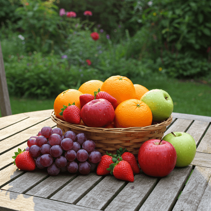 아침 햇살 아래 정원의 원목 테이블 위, 물방울이 맺힌 신선하고 다채로운 과일 바구니