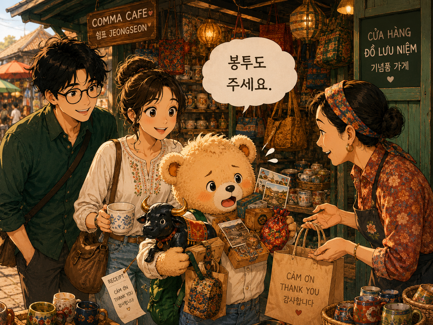 베트남 시장의 작은 가게 앞에서 쉼표와 푸름, 곰인형 은돌이가 여러 기념품을 들고 봉투를 부탁하는 따뜻한 COMMA CAFE 웹툰풍 장면