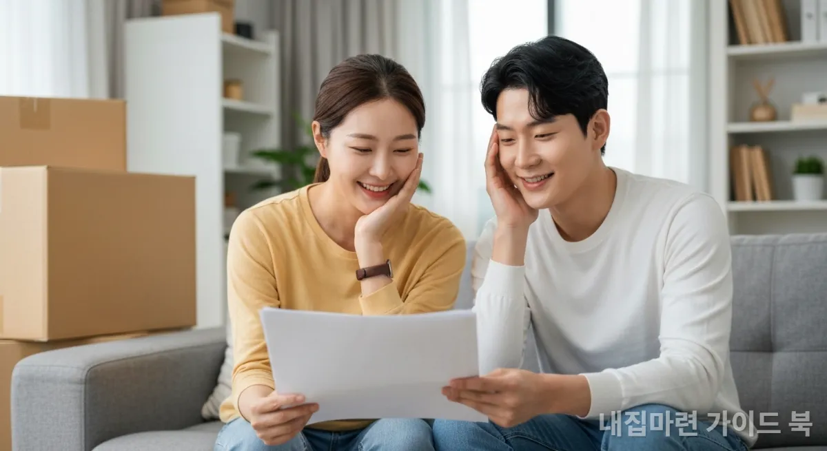 새로운 집 거실에서 서류를 읽으며 안도하는 표정의 젊은 한국인 부부
