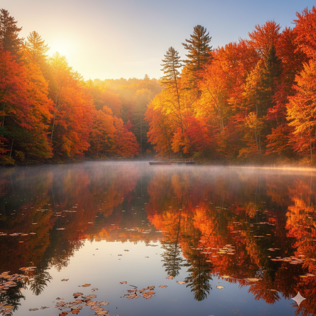 alt="2025년 단풍 절정 시기, 가을 호수와 단풍이 어우러진 풍경"