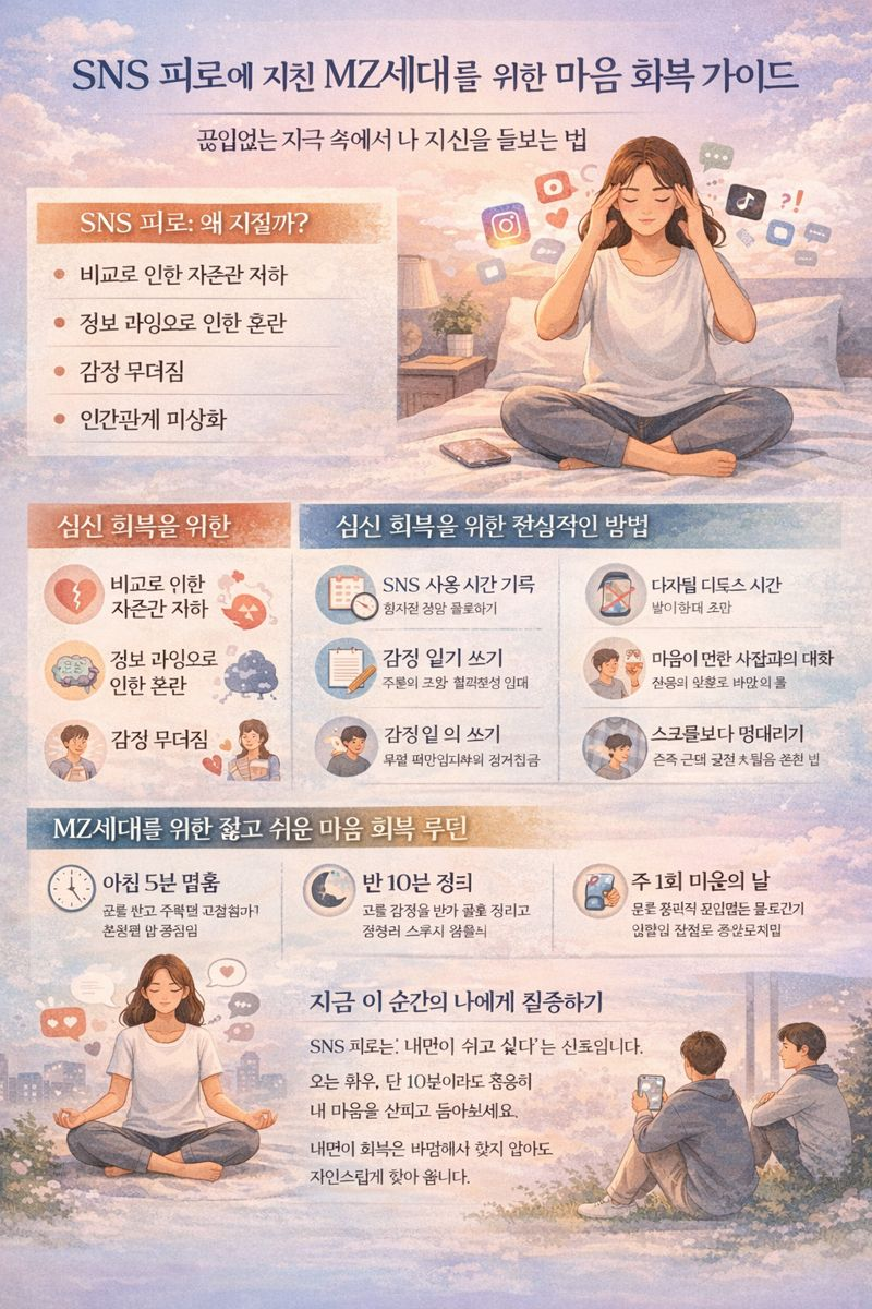 SNS 피로한 MZ세대를 위한 내면 다스리기 (디지털 스트레스, 감정 관리, 집중 회복) 관련 이미지