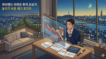 하이엔드 아파트 투자 시 초보가 놓치기 쉬운 가격 변동성과 환금성 리스크를 시각화한 isometric 인포그래픽형 이미지