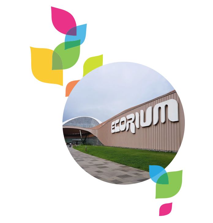 국립생태원 외부 모습, 건물 주위로 초록 잔디가 깔려있고 그 옆으로 인도가 잘만들어져있음.