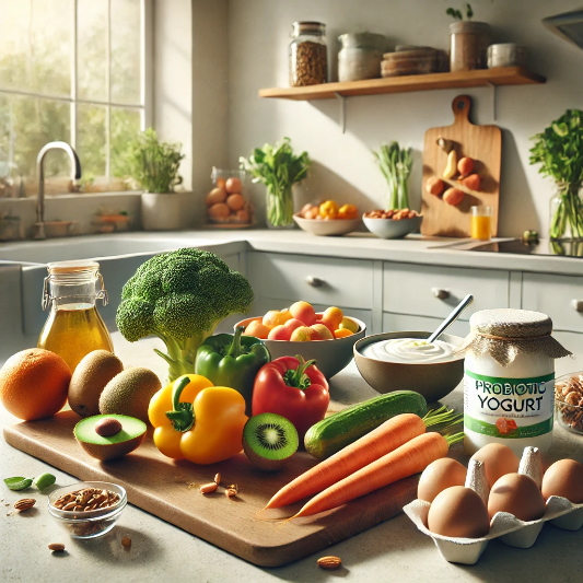 여러 건강한 재료들이 있는 주방 이미지