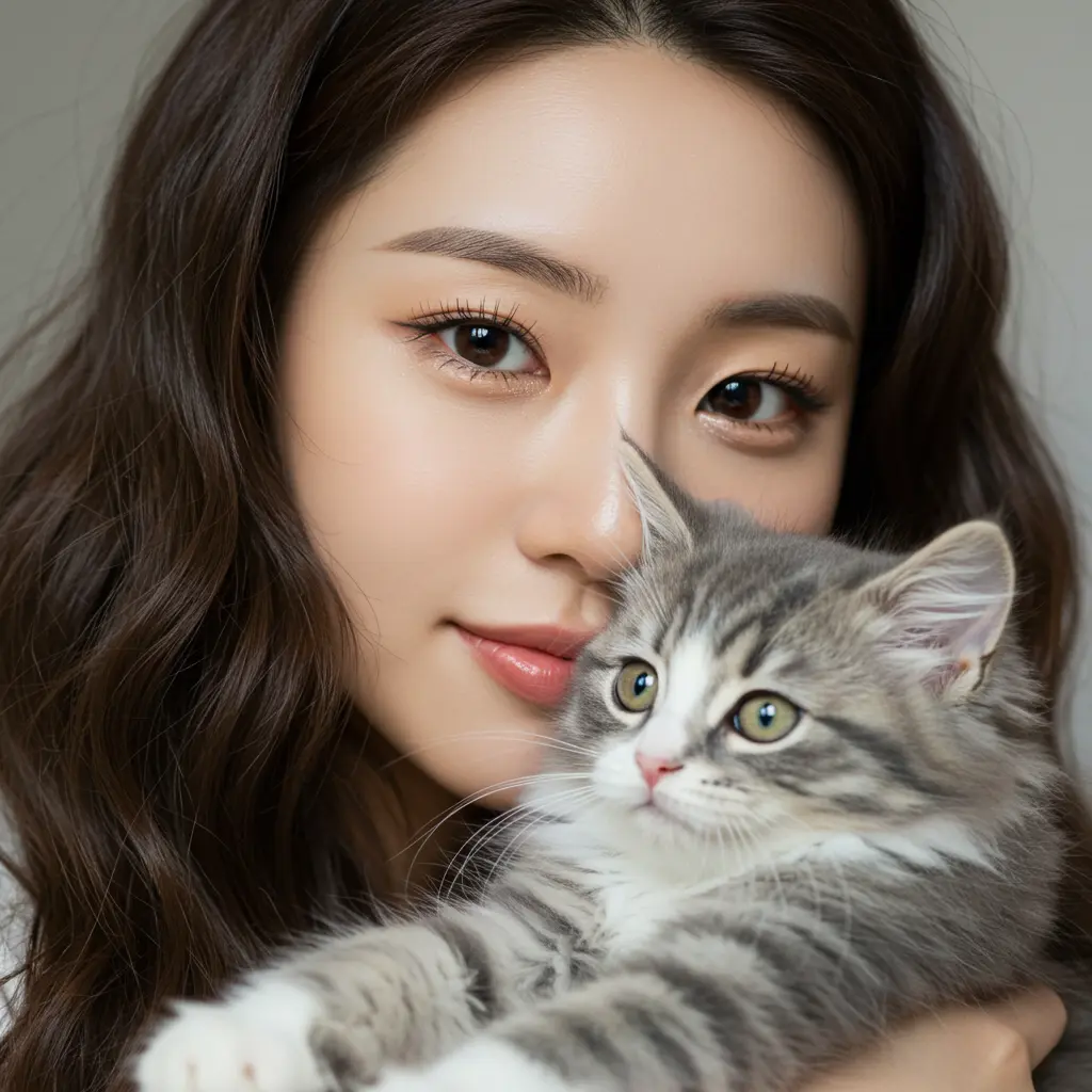 귀여운 회색고양이를 안고있는 여성