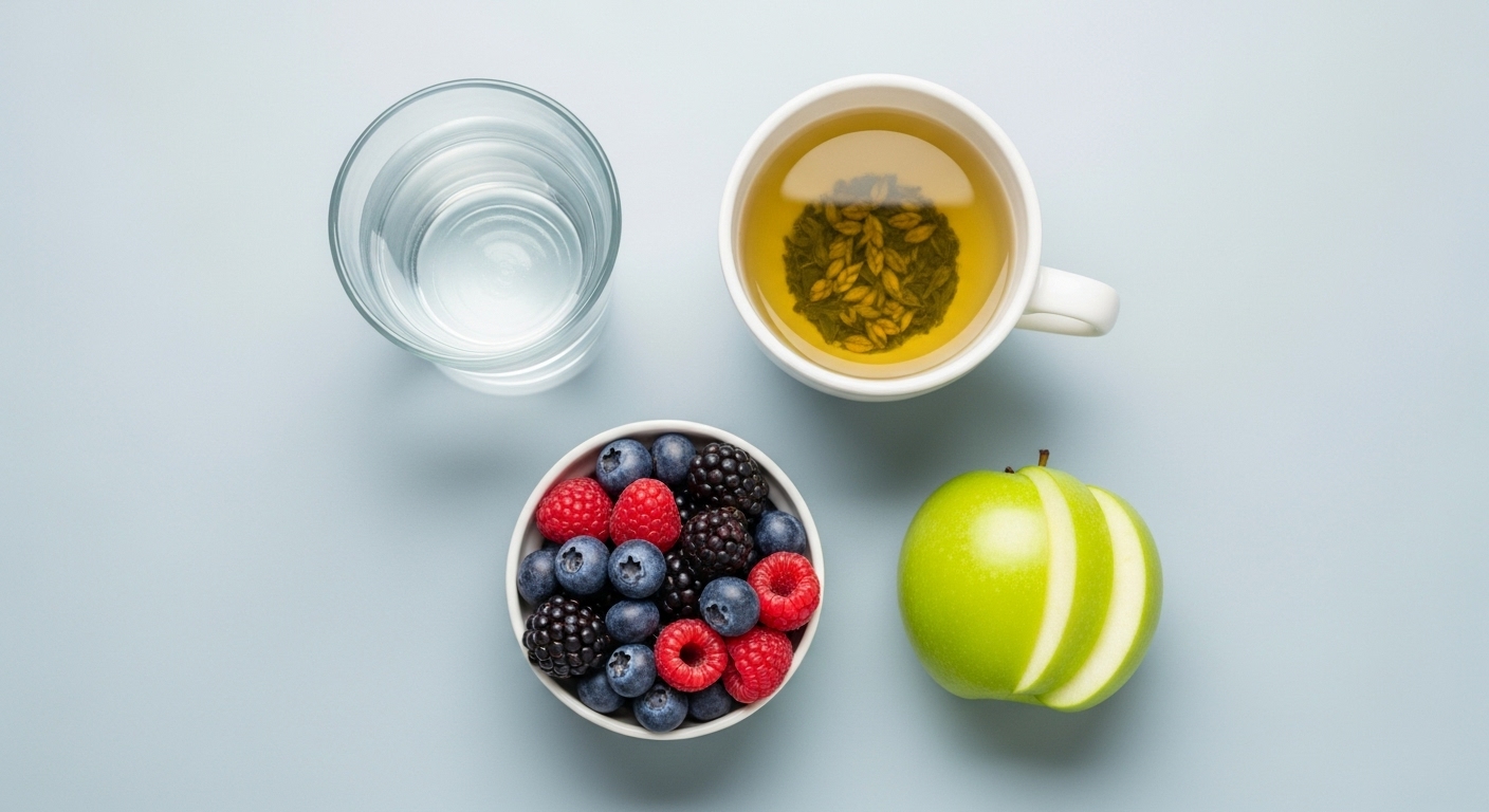 건강한 소변 관리를 위한 물 한 잔, 녹차, 그리고 블루베리, 사과 등 식이섬유가 풍부한 과일.