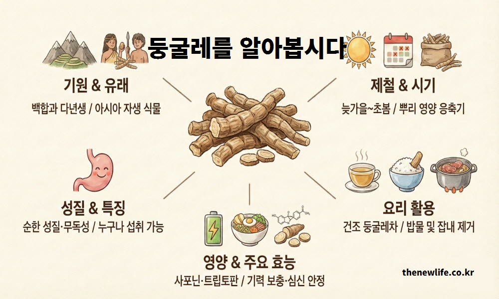 둥굴레 효능의 바탕이 되는 둥굴레의 유래와 기원, 그리고 평온한 성질을 설명하는 이미지