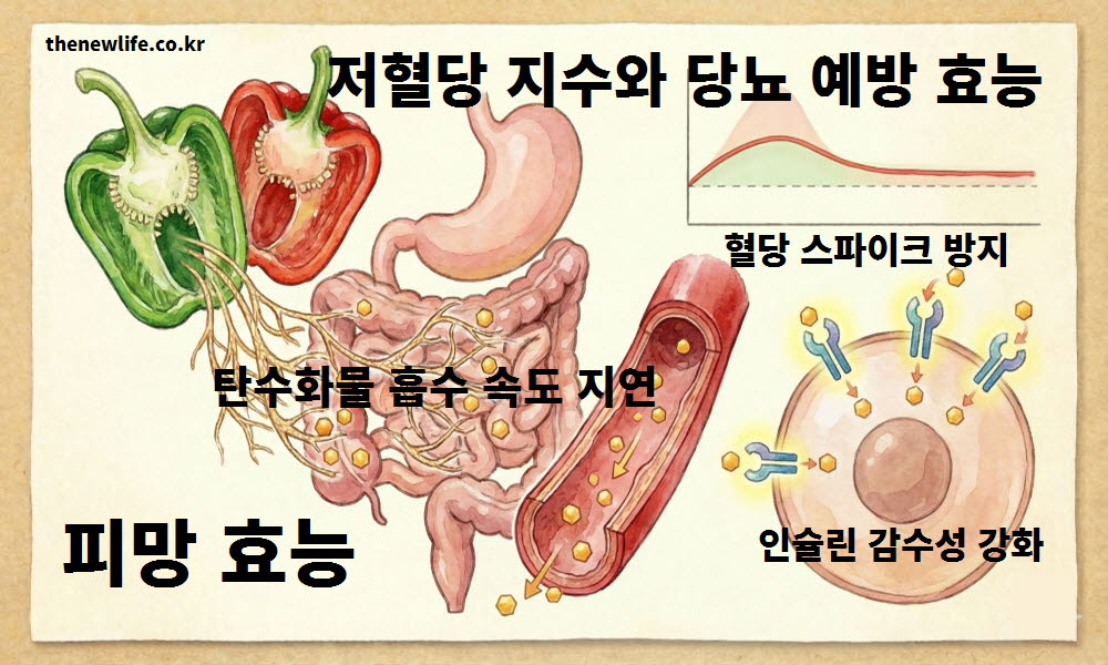 피망 효능의 저혈당 지수 특성이 식후 혈당 상승을 억제하여 당뇨 예방에 기여하는 이미지