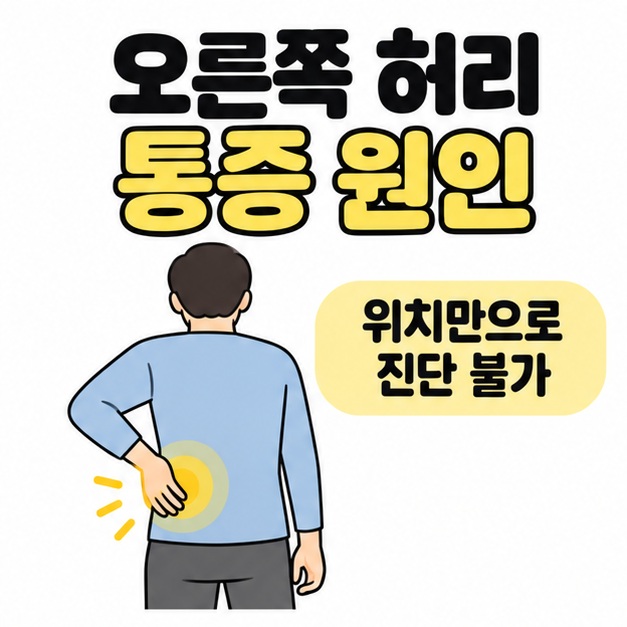 오른쪽 허리 통증 원인 제목 아래 뒷모습 인물의 왼쪽 허리에 노란 표시가 있고 위치만으로 진단 불가 문구가 있는 대표 썸네일