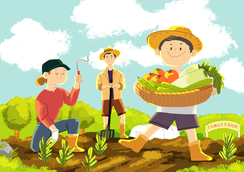가족이 농장을 가꾸는 일러트스