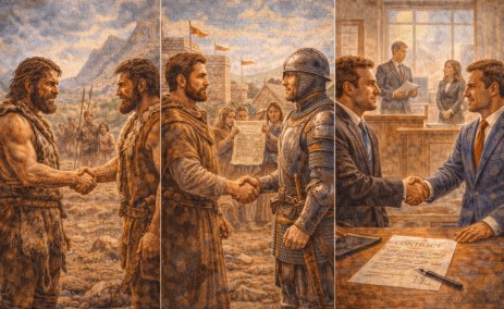 사람들이 서로 믿고 거래하기 위해 말과 행동으로 약속을 맺고, 그 방식이 점점 눈에 보이는 형태로 자리 잡아가는 모습을 담은 사진입니다.