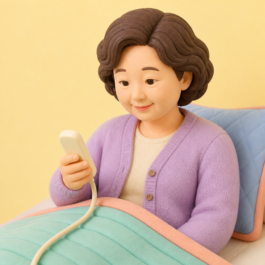 이불 위에 놓인 전기장판 온도 조절기를 손에 들고 살펴보는 중년 여성