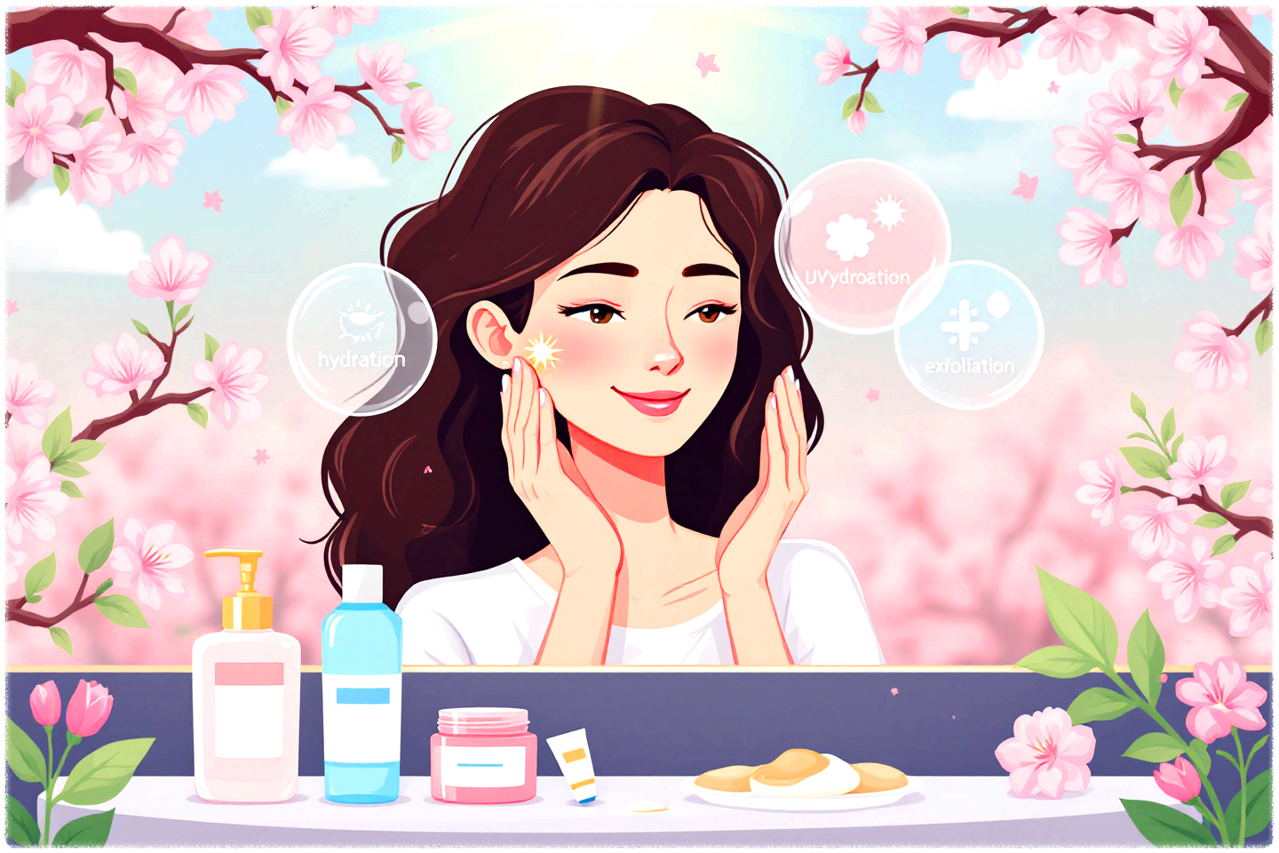 봄철 피부 유수분 관리하는 모습의 이미지