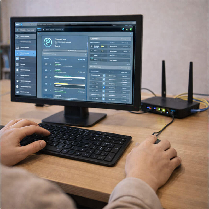 공유기 설정과 네트워크 연결 상태를 확인하며 와이파이 환경을 점검하는 모습