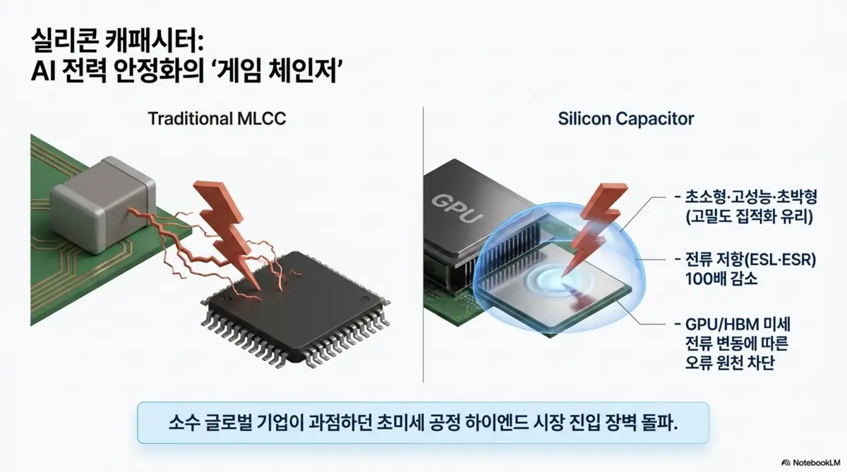 삼성전기 주가 전망: 삼성전기 실리콘 캐패시터와 기존 MLCC의 성능 차이를 비교하는 인포그래픽. 초소형 고성능 초박형 구조와 전류 저항 100배 감소 그리고 고밀도 집적화 유리라는 핵심 특성을 시각적으로 전달하며 블로그의 삼성전기 실리콘 캐패시터 수주 배경과 관련된 내용을 설명한다