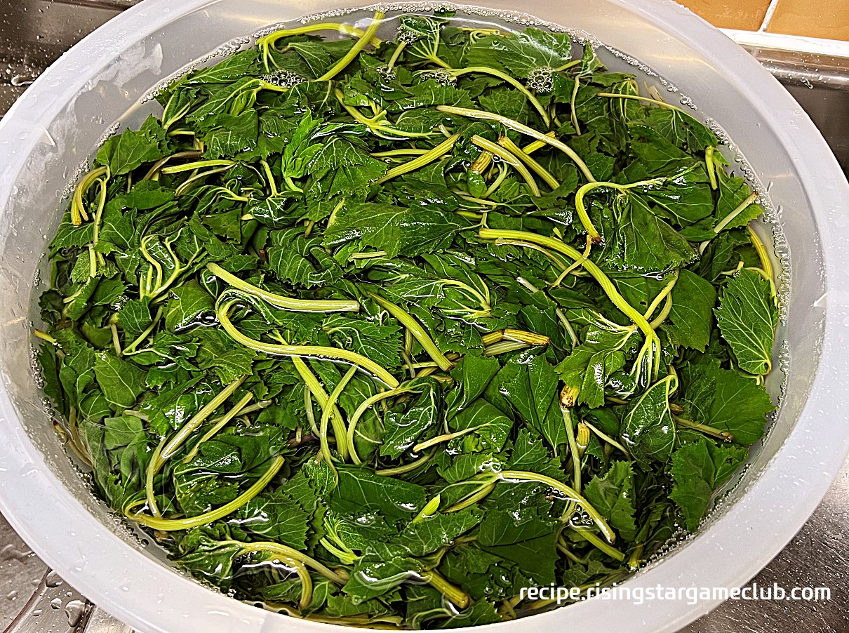 쓴맛 제거를 위해 머위를 물이 담긴 양푼에 담아 놓은 사진