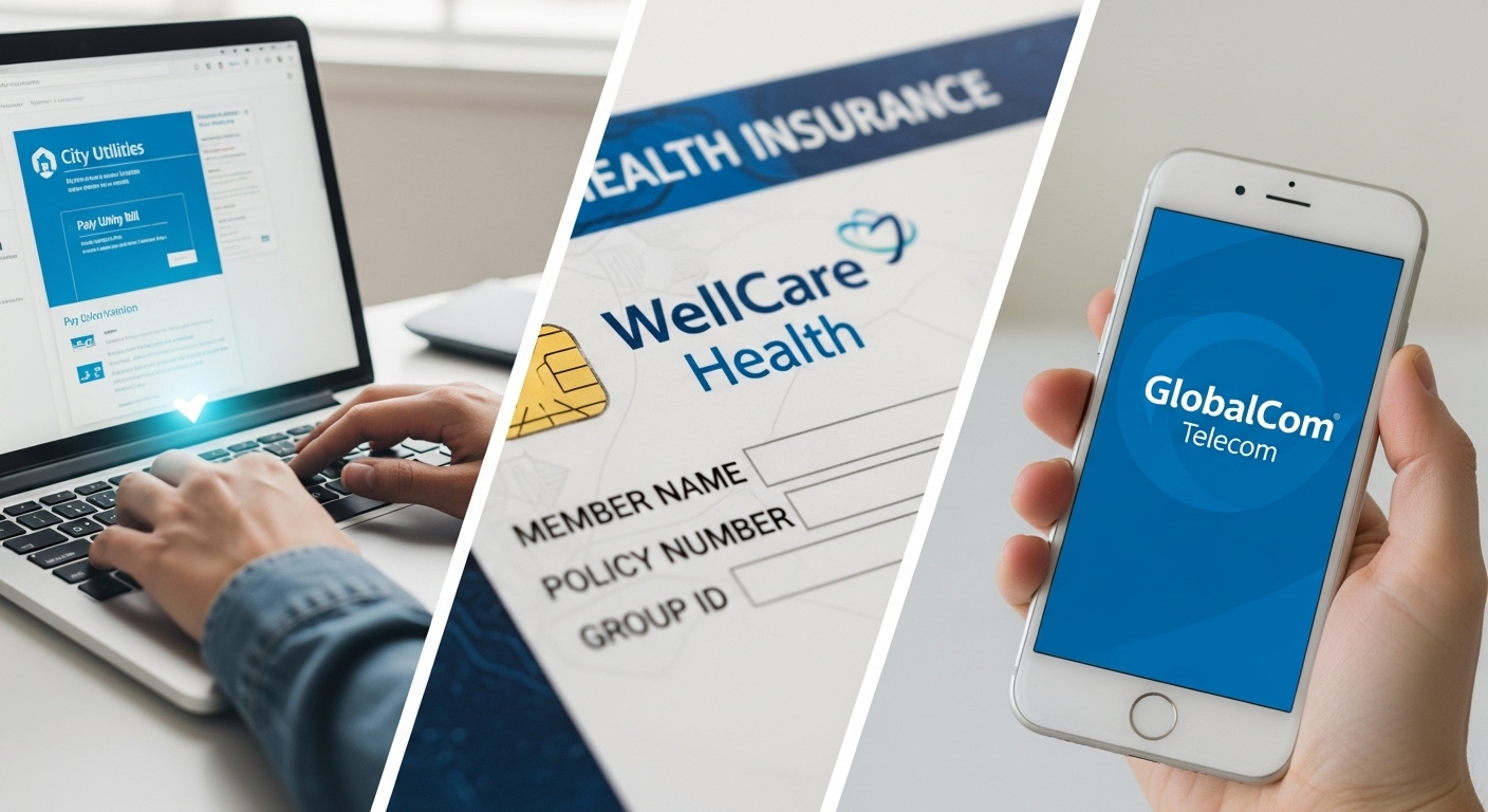 전기 요금 납부, 건강보험료 납부, 통신료 납부를 상징하는 이미지들로, 비금융 정보 제출의 중요성을 나타냅니다.