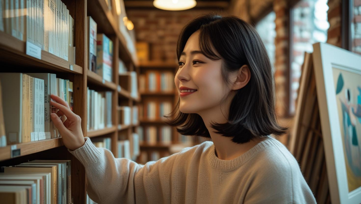한 여성이 서점에서 책을 고르고 있는 모습. 문화를 향유하는 차분한 즐거움이 느껴진다.