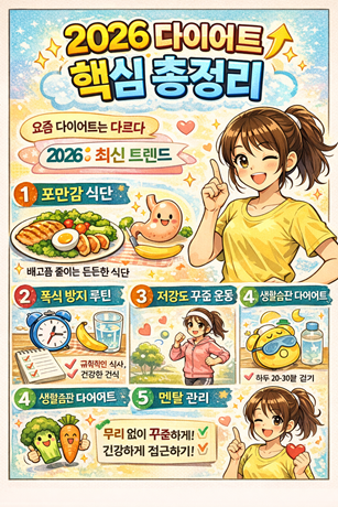 2026년 다이어트는 포만감 식단과 폭식 방지, 꾸준한 운동과 생활습관 관리가 핵심입니다. 무리하지 않고 지속 가능한 방식이 가장 중요합니다.