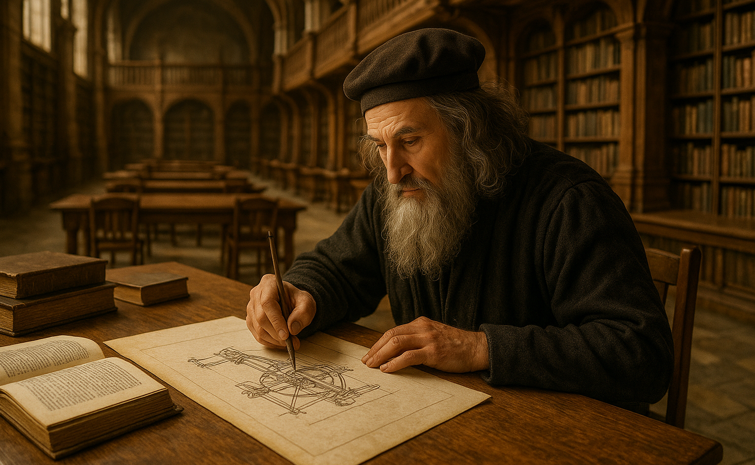 기계장치의 외형을 그리고 있는 레오나르도 다빈치의 모습