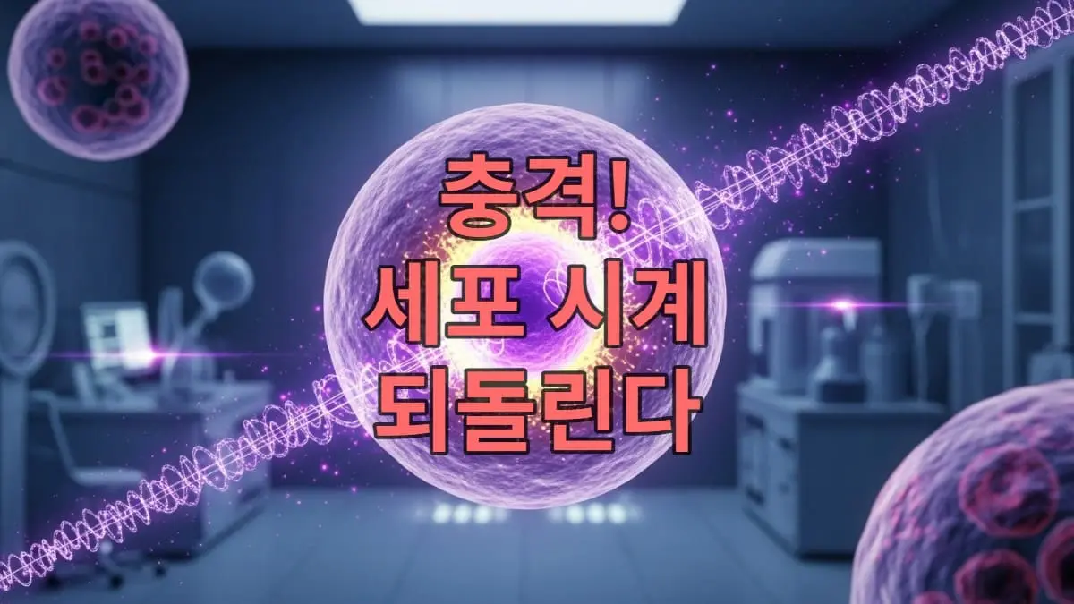 세포 내부에서 보라색과 노란색 빛이 빛나며 젊어지는 모습, 과학 기술로 노화가 역전되는 미래를 상징하는 이미지.