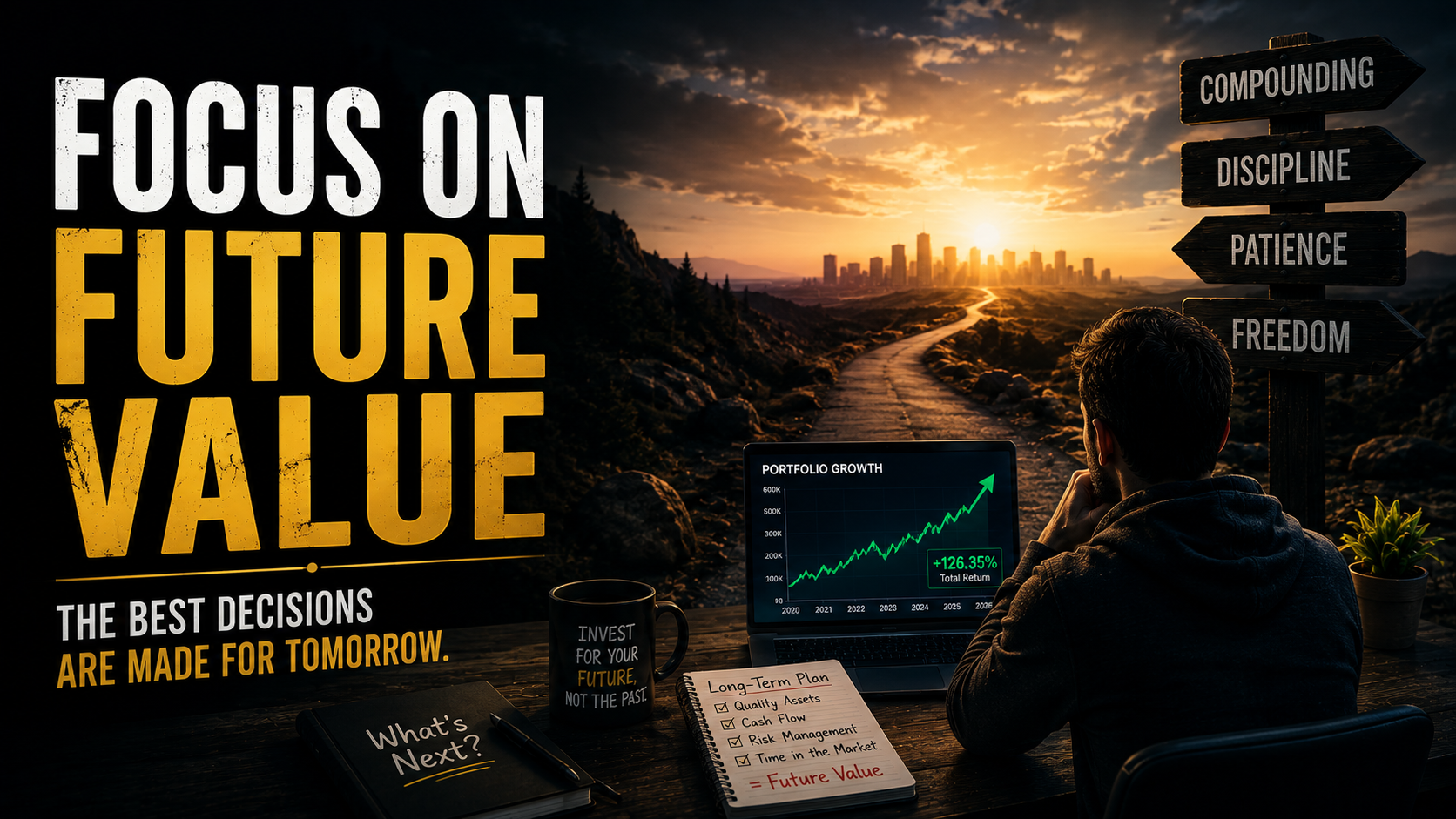 Long-term investing concept focused on future value, disciplined investing, and compounding returns.