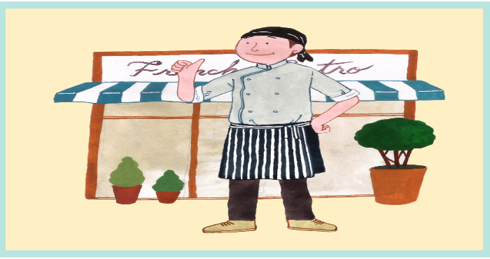 음식점을 운영하는 소상공인이 가게 앞에서 엄지를 들어 자신감을 표현하는 일러스트