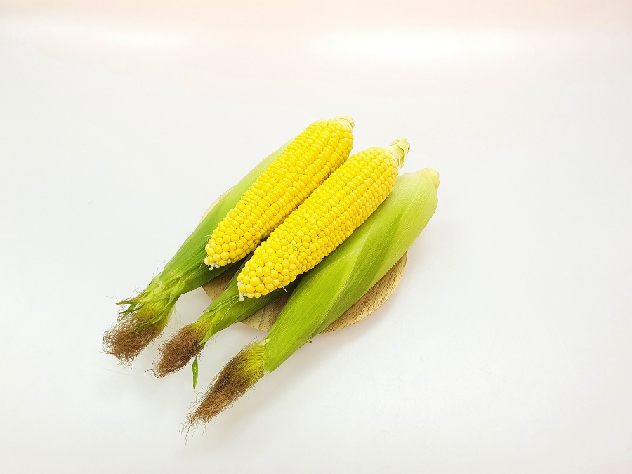 야생에서 채취를 한 옥수수를 하얀 바닥 위에 동그란 나무 접시를 두고 그 위에 껍질을 까지 않은 옥수수 3개와 껍질을 깐 옥수수 3개를 놓아두고 찍은 사진