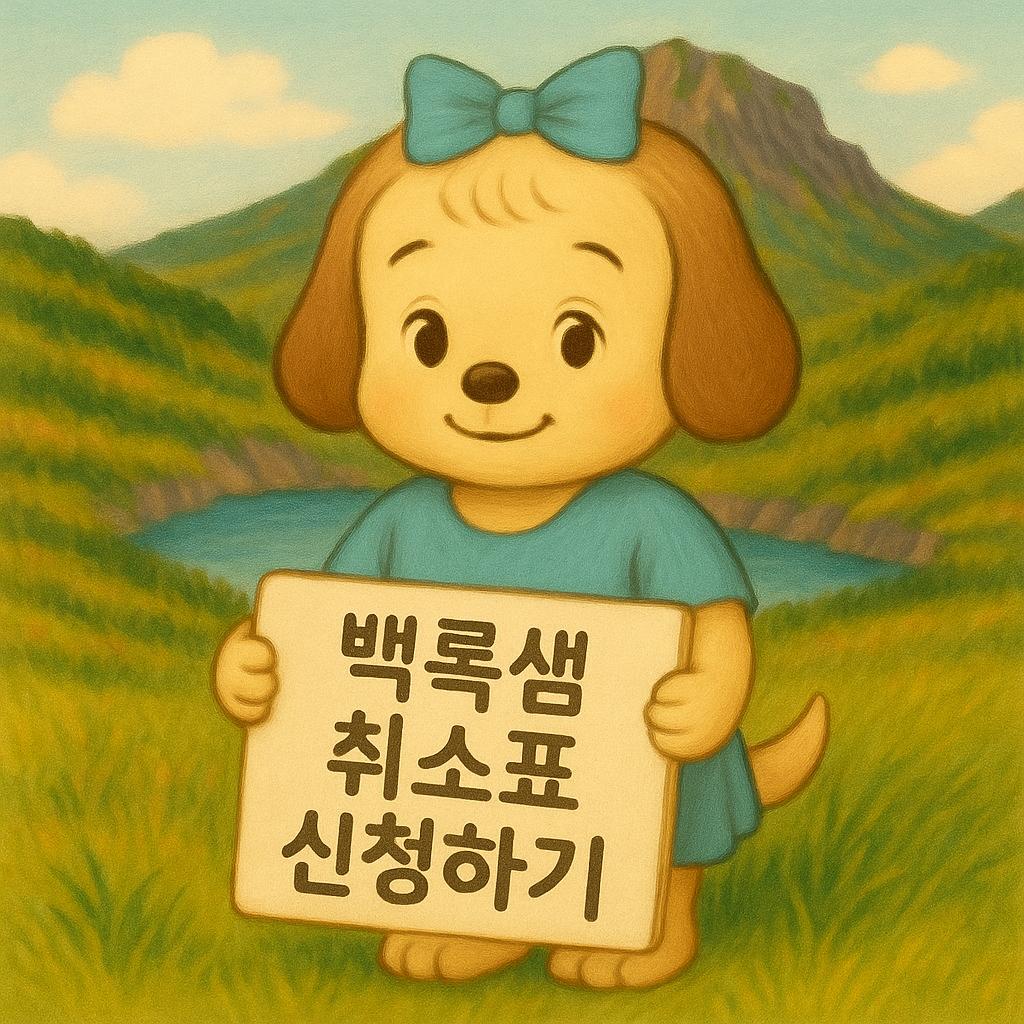 강아지 캐릭터가 안내판을 들며 백록샘 취소표 신청 안내