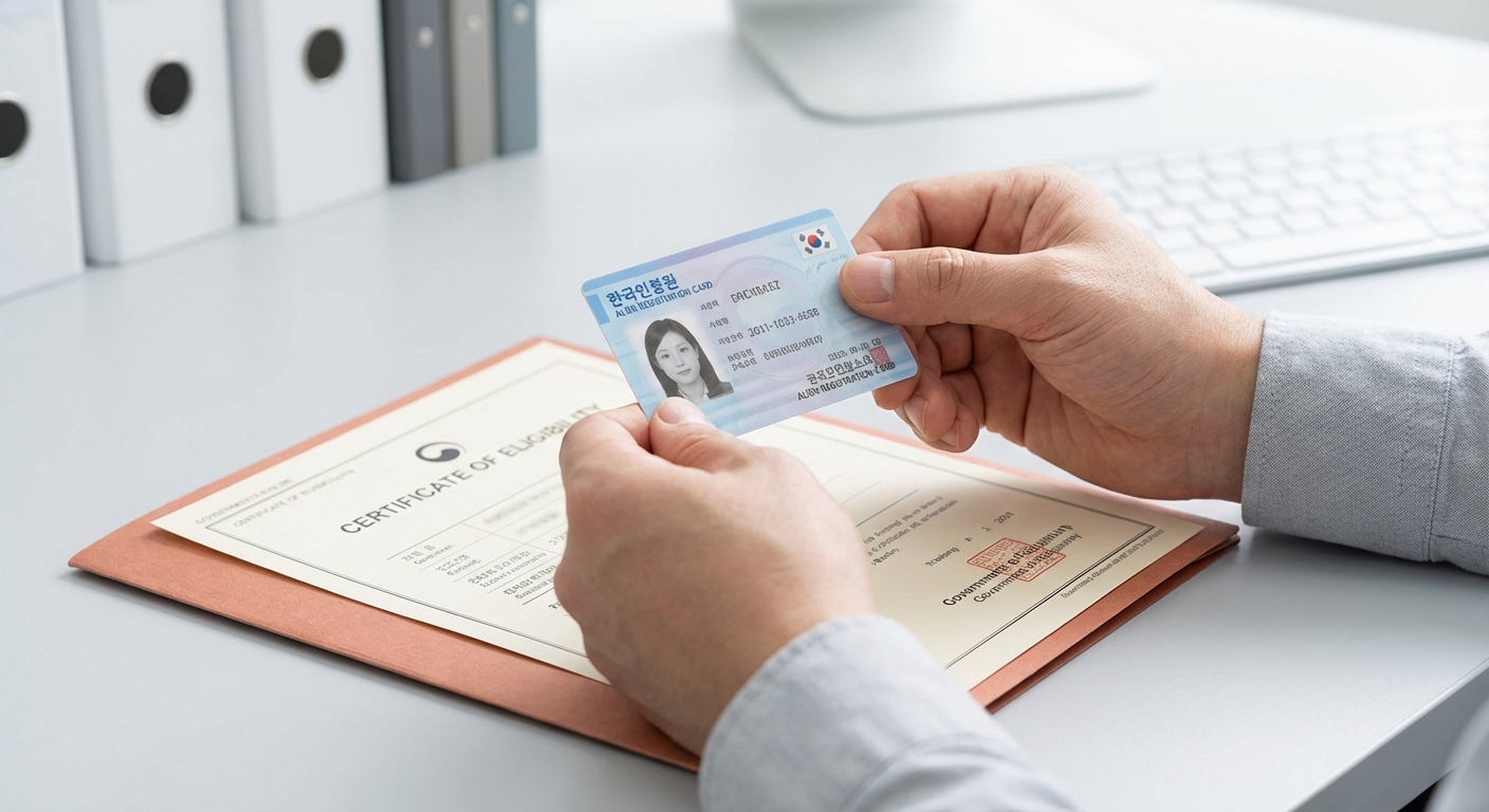 외국인 등록증과 서류를 들고 있는 손, 외국인 민생지원금 신청 자격을 상징합니다.