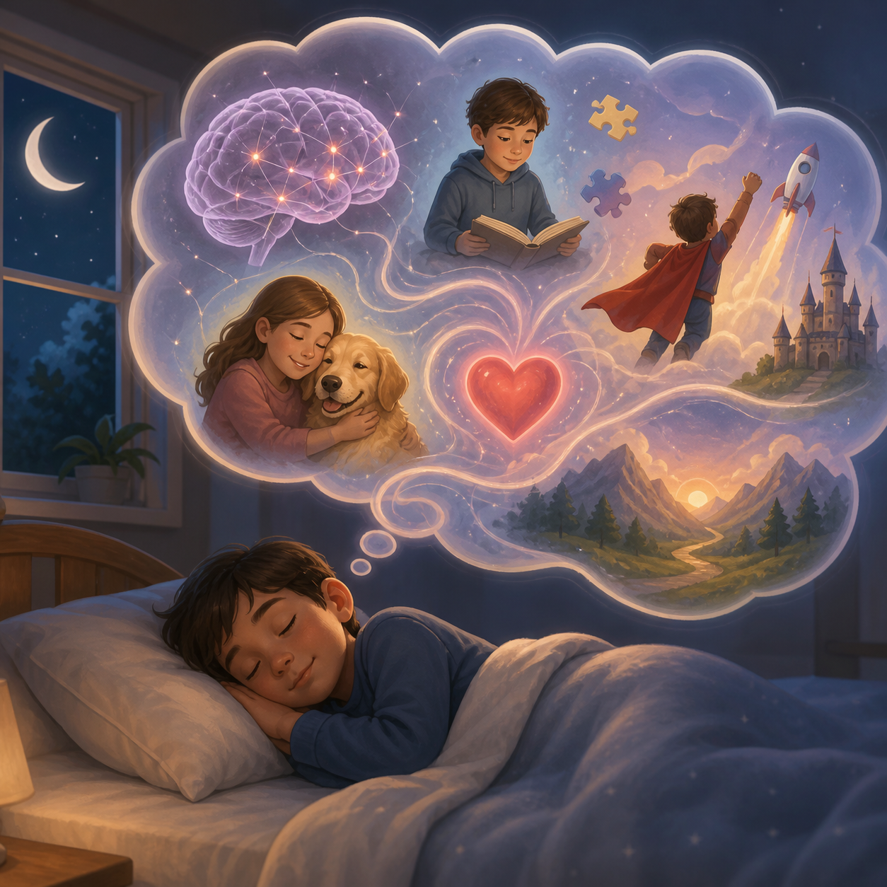 A peaceful sleeping person with soft dream-like shapes above