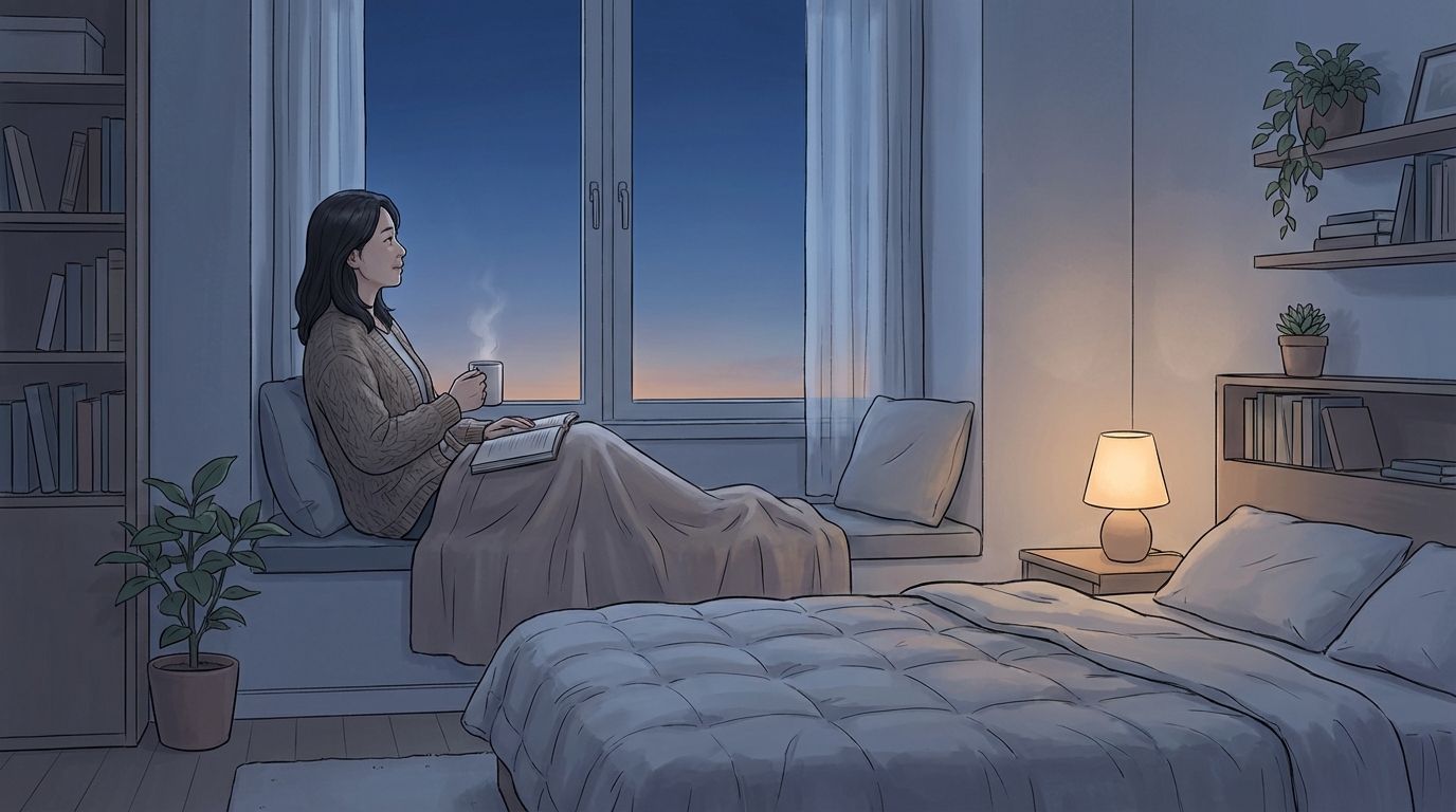해뜨기 직전 고요한 침실과 생각에 잠긴 중년