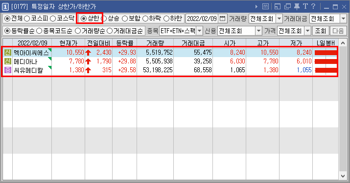 특정 일자 상한가 하한가 1)