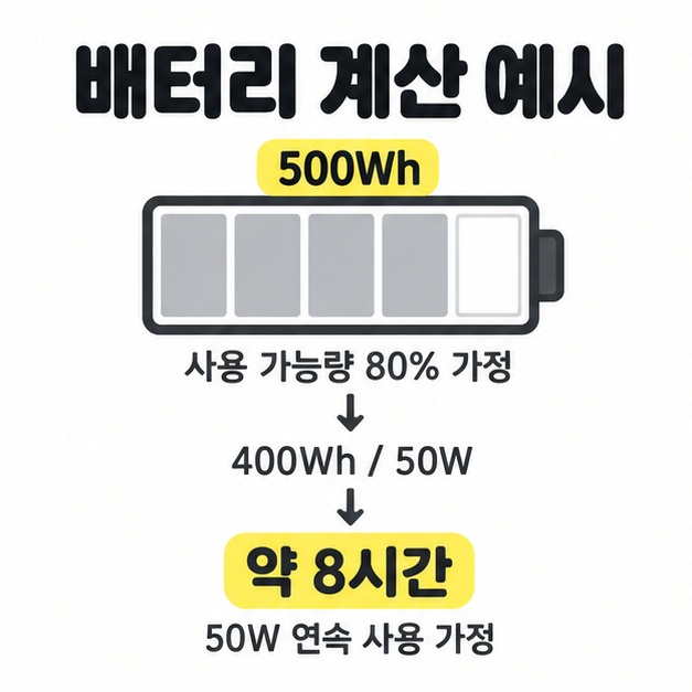 500Wh 배터리의 사용 가능량을 80퍼센트로 가정해 400Wh를 50W로 나누면 약 8시간이라는 연속 사용 계산 예시
