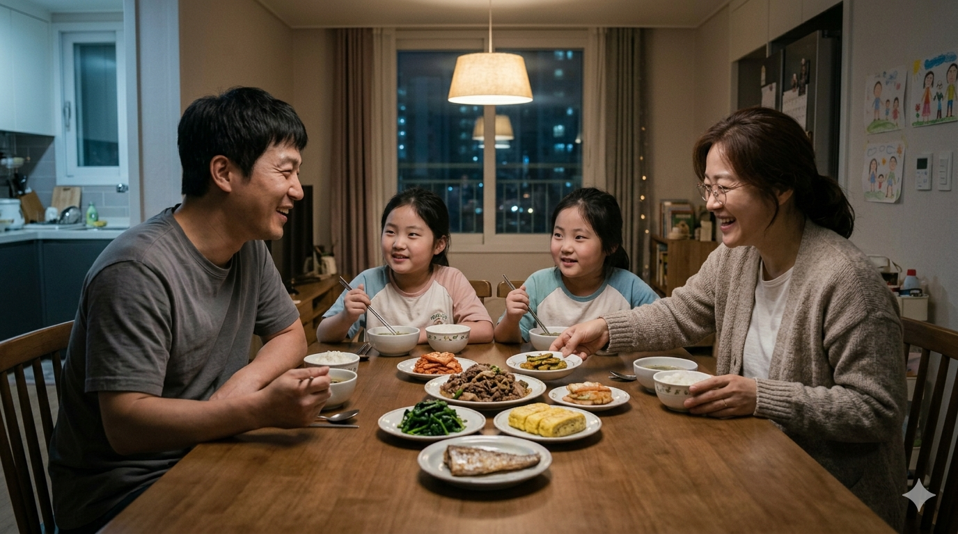 아빠, 엄마, 쌍둥이 딸이 앉아서 도란도란 식사하는 모습